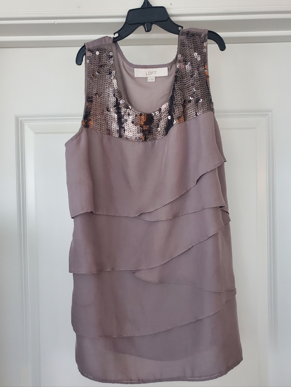 LOFT Taupe Ruffle & Sequin Dressy Top